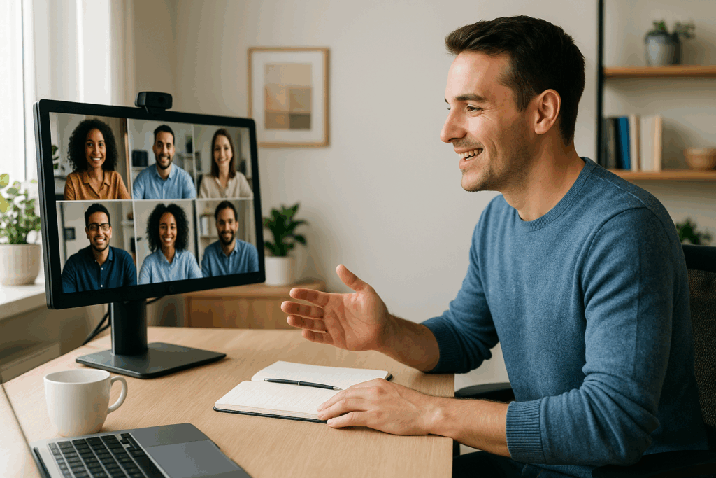 Modern remote team working collaboratively via video call.